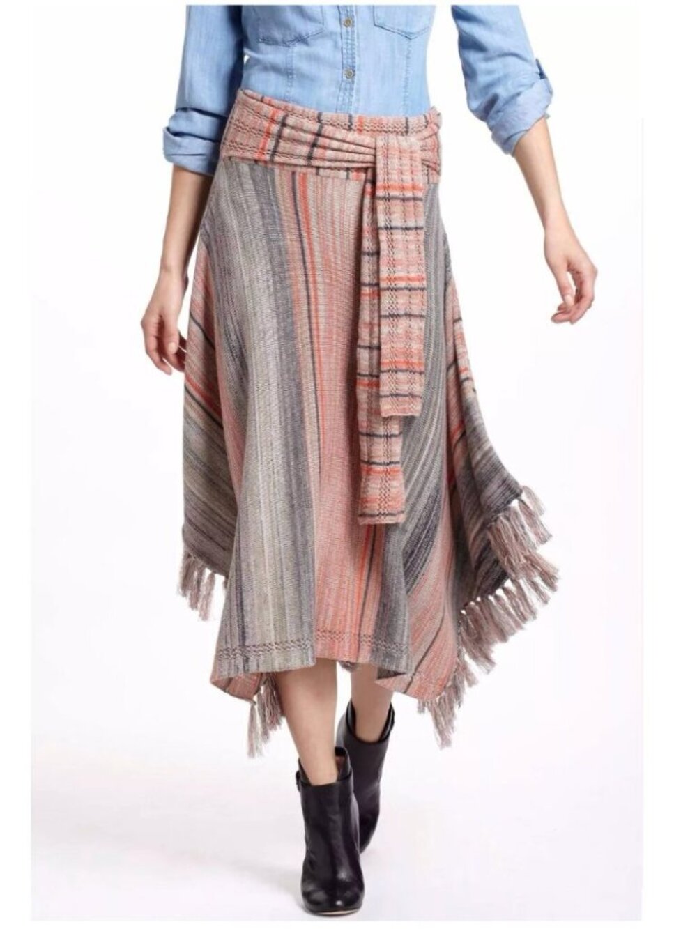 Anthropologie Sparrow Pink Blue Merino Wool Knit Fringe Asymmetrical Skirt